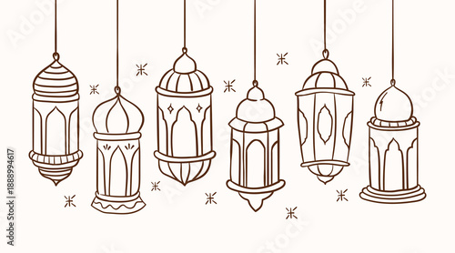 Minimal Ramadan Islamic Hanging Lantern Line Art Illustration on Light Background