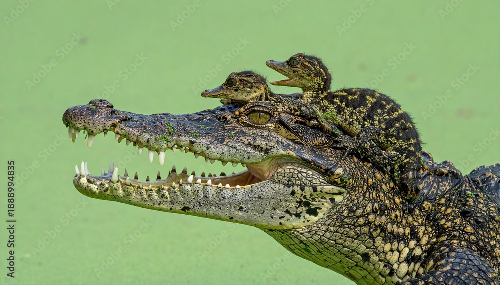 Fototapeta premium Crocodile with birds on head profile.