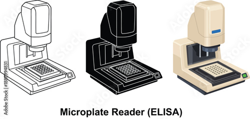 Collection of microplate reader illustrations including line art silhouette and color versions for scientific and laboratory use