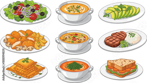 Restaurant food dishes collection including soups salads steaks and sandwiches menu vector illustration