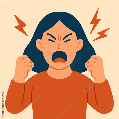 Angry woman screaming with clenched fists and lightning around