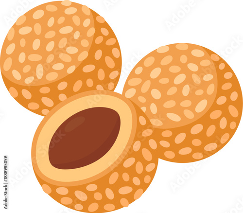 Jiandui fried sesame balls, traditional Chinese dessert. Three balls with cross section showing red bean paste filling. Cartoon vector illustration.