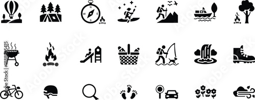 A collection of black silhouette icons representing various outdoor activities and elements of nature and adventure high-quality professional detailed modern