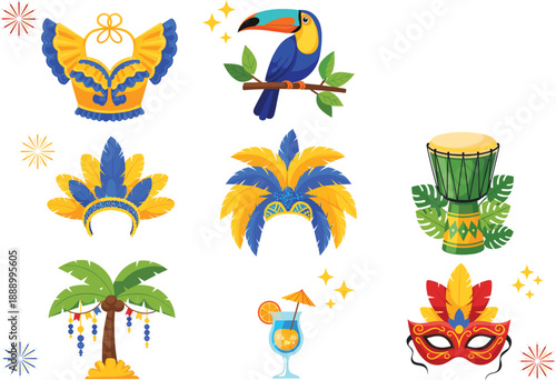 Brazil carnival icons set with toucan masks feathers drum cocktail and tropical festival elements vector illustration