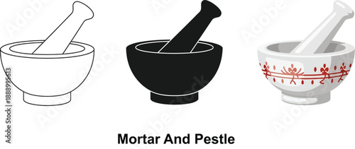 Collection of mortar and pestle icons representing different styles from outline to solid black and decorative ideal for culinary or medicinal concepts