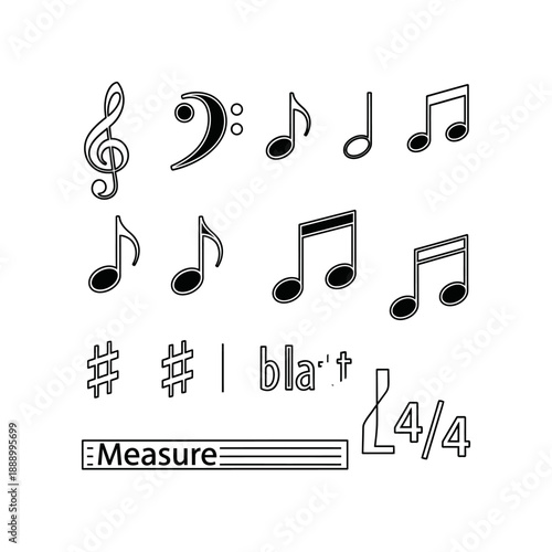 A comprehensive collection of black silhouette icons depicting various musical notes, instruments, and audio equipment.