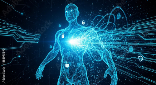 A futuristic digital human with glowing blue circuits and padlocks on a dark background with technological elements