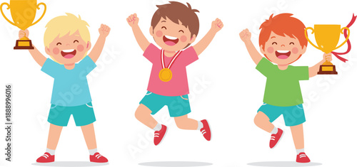 Happy kids celebrating victory holding trophies medals and jumping joyfully vector illustration