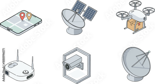 Isometric smart technology devices set including GPS satellite dish drone router and security camera vector illustration