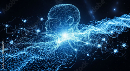 A futuristic digital illustration of a human head in profile with glowing blue neural connections and a network of lines and dots on a dark background with a bright light at the center of the brain