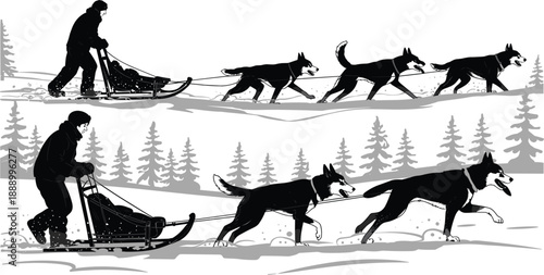 Black and white of a person driving a dog sled team through a snowy forest with falling snowflakes