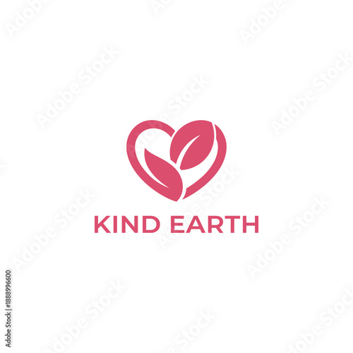 Creative heart and leaf sprout icon for eco-friendly charity and sustainable non-profit organization branding, featuring the text Kind Earth.