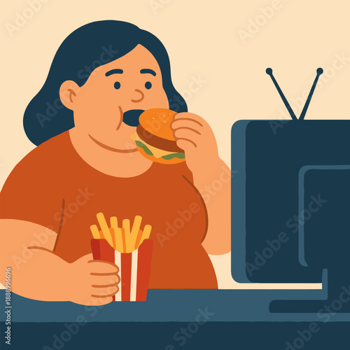 Overweight woman eating burgers and fries while watching TV