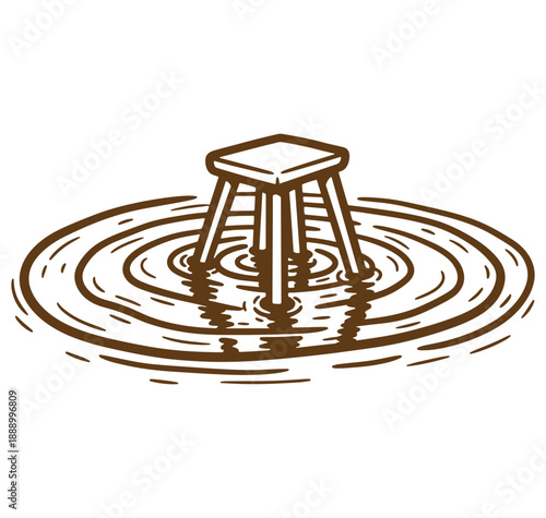 Brown illustration of a stool seemingly floating in water with ripples and reflections.