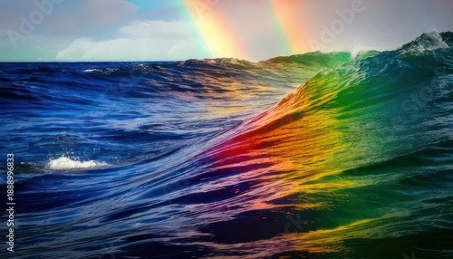 Wallpaper Mural Ocean Wave Reflecting Rainbow Colors with a Double Rainbow Above. Torontodigital.ca