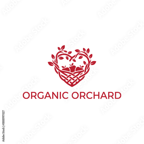 Heart shaped woven basket with apple fruits and leaves icon for natural farm produce or healthy grocery branding, Organic Orchard logo.