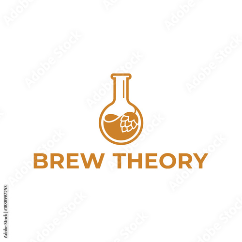 Minimalist chemistry flask with hops icon for craft brewery or artisanal beverage branding, professional Brew Theory identity logo.