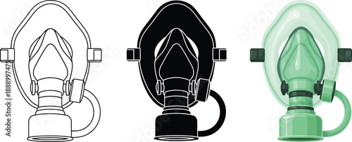 Set of medical oxygen masks in outline solid black and transparent green styles vector illustrations for healthcare and emergency services