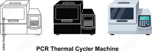 Collection of PCR thermal cycler machine icons representing laboratory equipment in outline silhouette and flat vector styles for scientific illustration