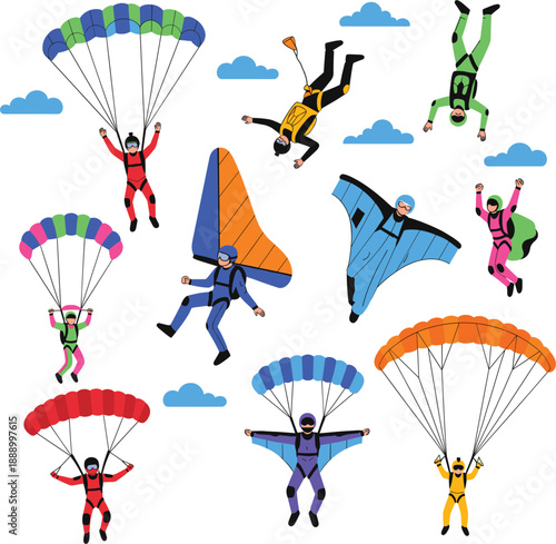 Skydiving and parachuting people performing extreme air sports activities colorful vector illustration set