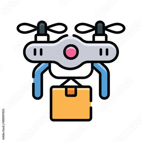 A futuristic flat outline icon illustrating drone delivery logistics.