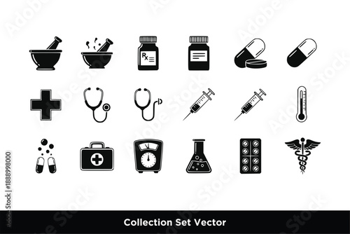 Medical Icons Set Vector, Healthcare Science and Hospital Silhouette Symbols vector template