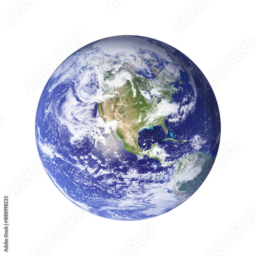 A realistic 3d globe of planet earth showing the blue ocean and clouds isolated on a white background with a global map of the world and nature