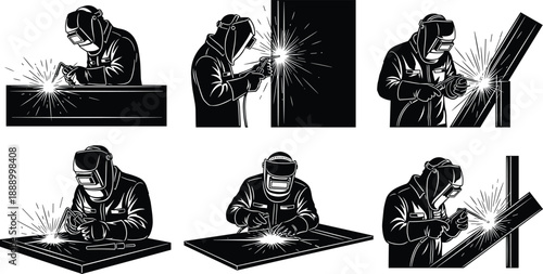 Set of six welder silhouettes engaged in metalwork, wearing protective helmets with sparks flying, black and white industrial vector illustration.