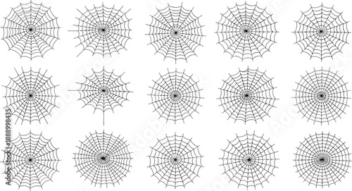 Set of spider web icons and black cobweb silhouettes for halloween decoration, spooky nature net patterns, arachnid silk vector design elements