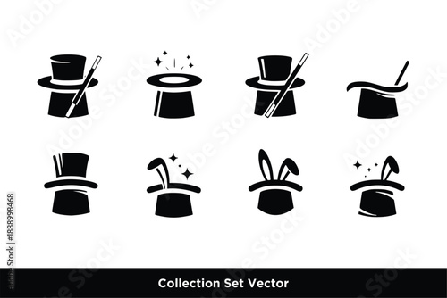Magic Hat Icon Set Vector, Magician Performance and Illusion Symbol