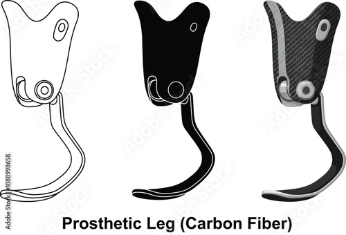 Three prosthetic leg designs including a line drawing a solid black version and a carbon fiber model isolated on a white background for medical illustration