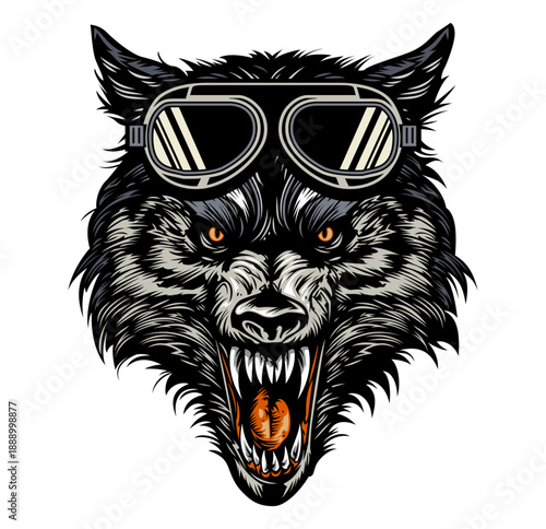 Wolf Wearing Goggles: A fierce wolf with an intense expression, donning a pair of retro goggles, showcasing an emblem of boldness and fearless adventure.