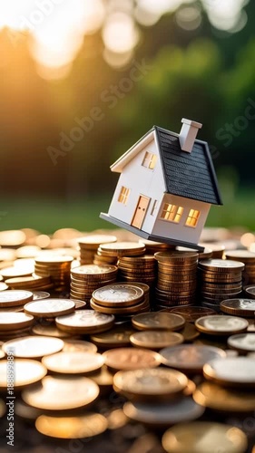 Miniature house resting on stacks of gold coins with sunset light