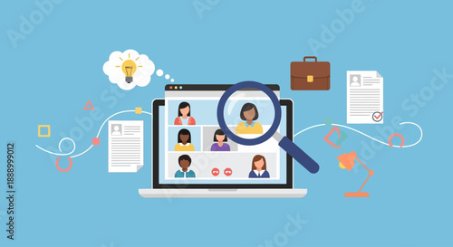 Online recruitment and job search concept with laptop and magnifying glass.