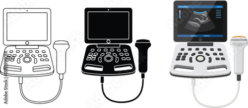 Set of ultrasound machine icons including outline silhouette and color vector illustrations for medical diagnostics and technology concepts