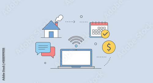 Conceptual illustration of online work and remote communication with laptop and icons.