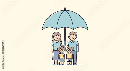 Happy family of four standing together under a large umbrella.