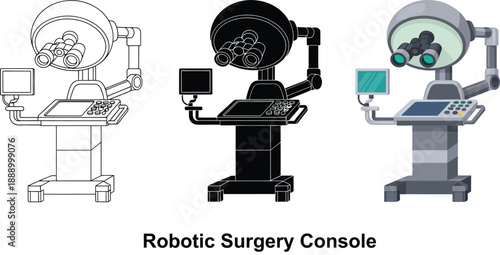 Set of robotic surgery console illustrations in outline black and color representing advanced medical technology for modern healthcare isolated on white