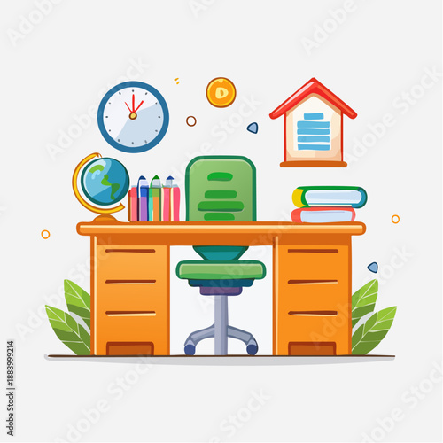 Modern office desk with chair, books, clock, and globe in a productive workspace environment viewed from the front