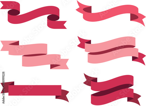 A collection of red and pink ribbons on a white background for decoration or design