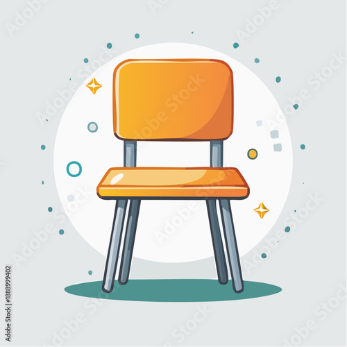 Illustration of a modern orange chair with silver legs standing alone on a minimalist background viewed from the front