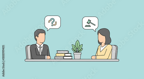 Two business professionals discussing ideas and legal matters in office setting.