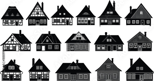 Set, of, black, house, silhouettes, featuring, traditional, cottage, farm, cabin, and, residential, building, icons, for, architectural, design, village, map, and, real, estate