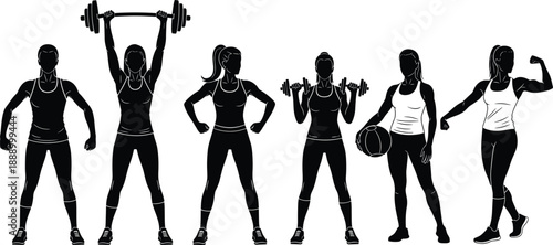 Set, of, black, female, fitness, silhouettes, featuring, women, lifting, weights, dumbbells, barbells, and, medicine, balls, for, gym, and, workout, designs