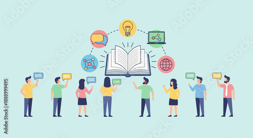 Group of diverse people sharing and learning knowledge through digital devices and global connections.