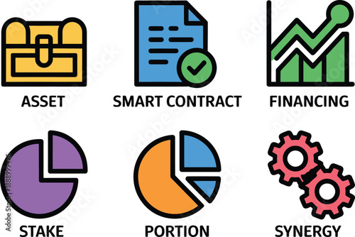A graphic illustration of business and finance concepts including asset management, smart contracts, and financial synergy.