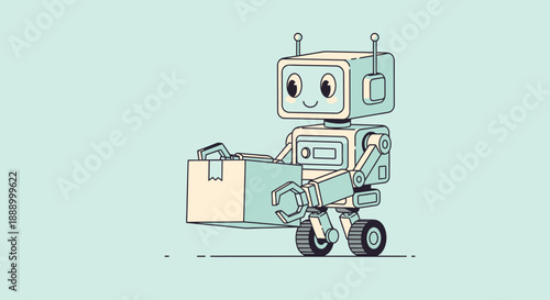 Cute cartoon robot delivering a package with wheels and antenna.