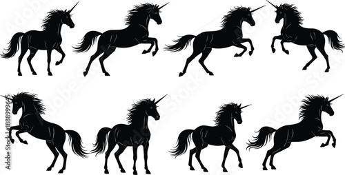 Set, of, black, unicorn, silhouettes, in, various, poses, jumping, rearing, and, standing, for, fantasy, logo, design, mythology, magic, and, children, illustration