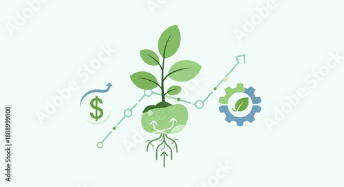 Green plant with dollar sign and growth icons symbolizing sustainable business and economic growth.