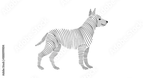 Illustration of a standing dog with a zebra-like striped pattern on its body against a clean white background.